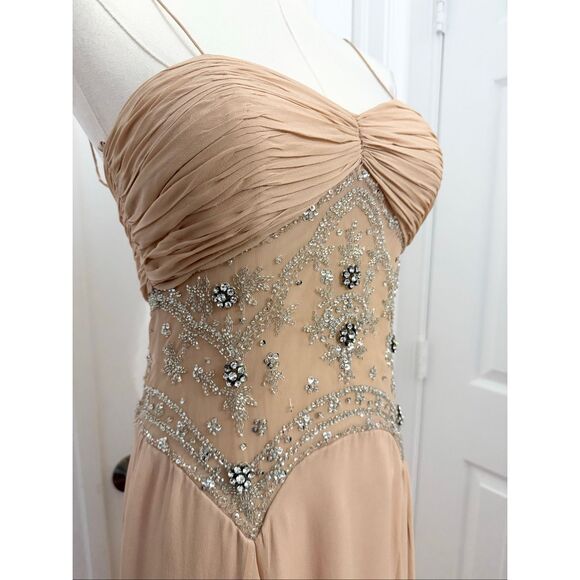 Basix II Nude Illusion Peach Silk Chiffon Beaded Jeweled Maxi Evening Gown 2 NWT - Picture 2 of 12